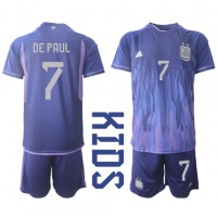 Camiseta Argentina Rodrigo de Paul #7 Segunda Equipación Replica Mundial 2022 para niños mangas cortas (+ Pantalones cortos)